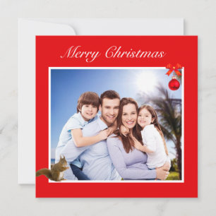 Editable Family Photo & Squirrel on Red Christmas