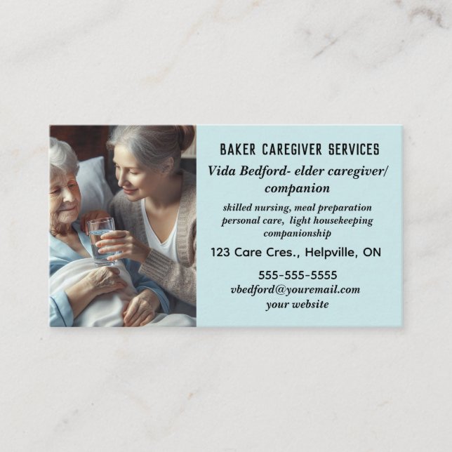 Editable Female Elder Caregiver Companion Services Business Card (Front)