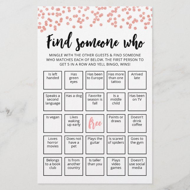 Editable Find Someone Who Game Bingo game (Front)