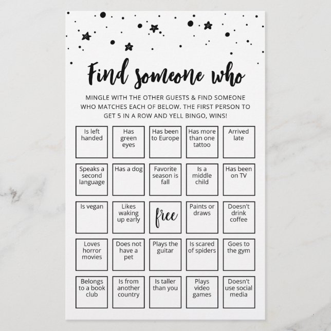 Editable Find Someone Who Game Bingo game (Front)