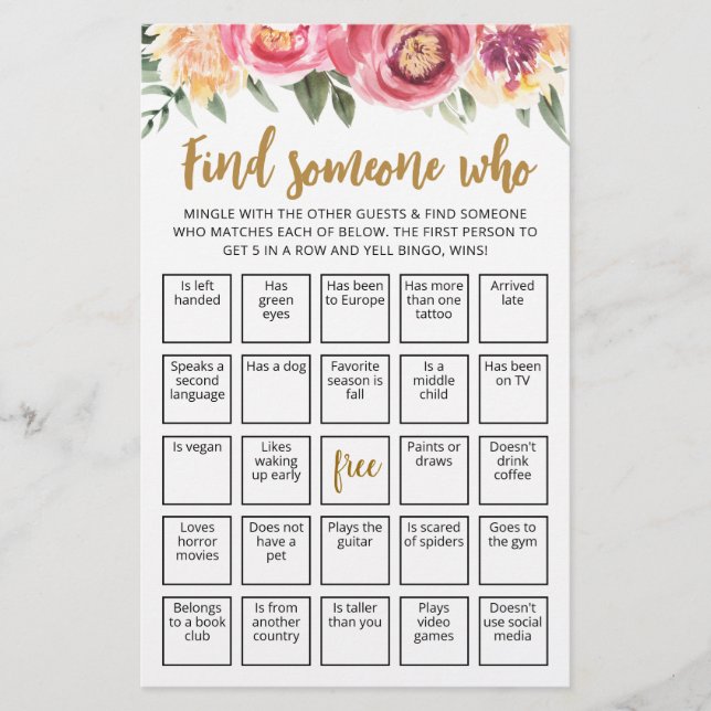 Editable Find Someone Who Game Bingo game (Front)