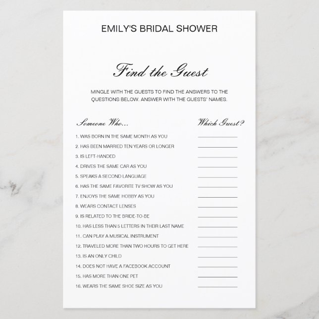 Editable Find the Guest Bridal Shower Game (Front)