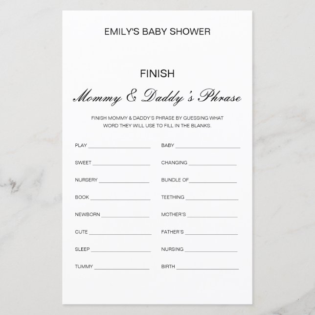 Editable Finish Mom and Dad's Phrase Baby Shower (Front)