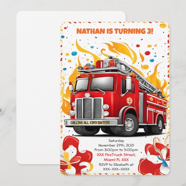 Editable Fire Truck Birthday Invitation (Front/Back)
