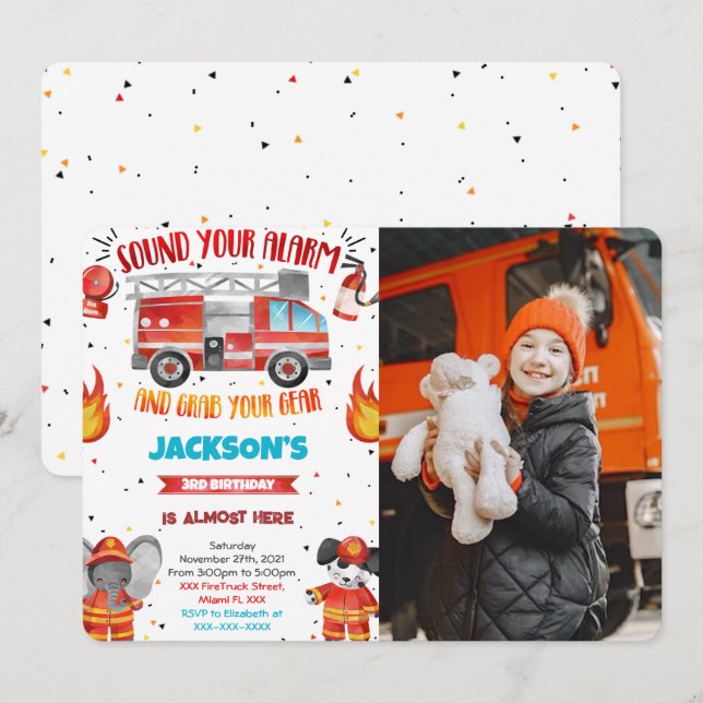 Editable Fire Truck Birthday Photo Invitations (Front/Back)