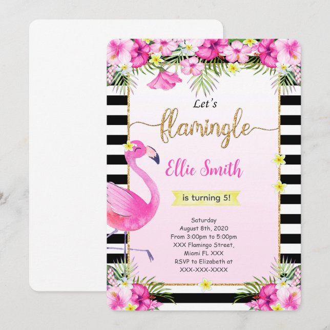 Editable Flamingo Birthday Invitation (Front/Back)