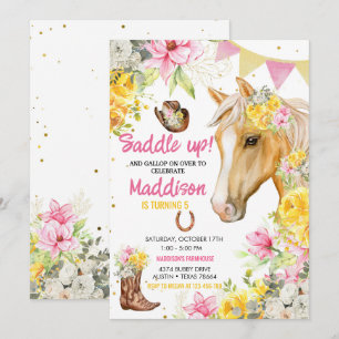 Editable Floral Cowgirl Horse Birthday  Invitation