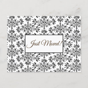 Editable Floral Damask Black On White Just Moved Postcard