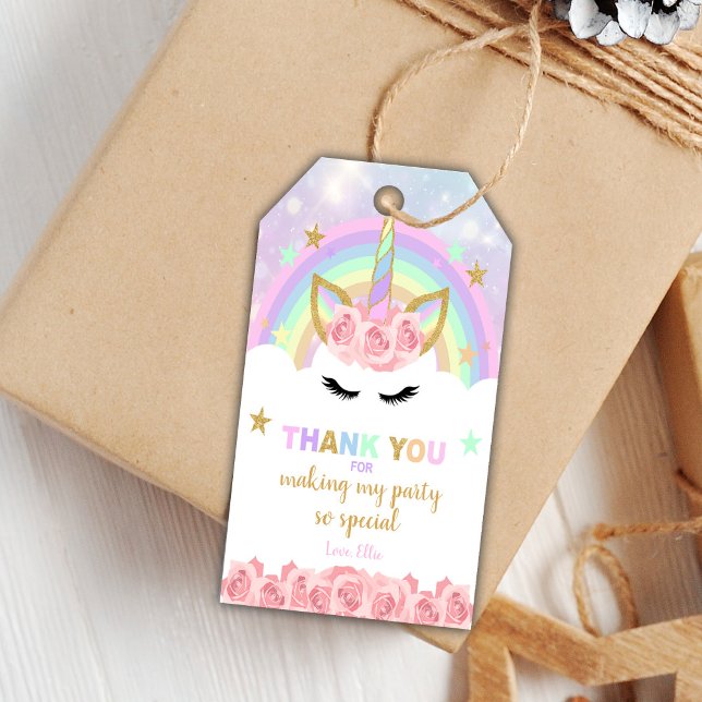 Editable Floral Party Favour Labels (Pink Rose Unicorn Birthday Gift Tags)