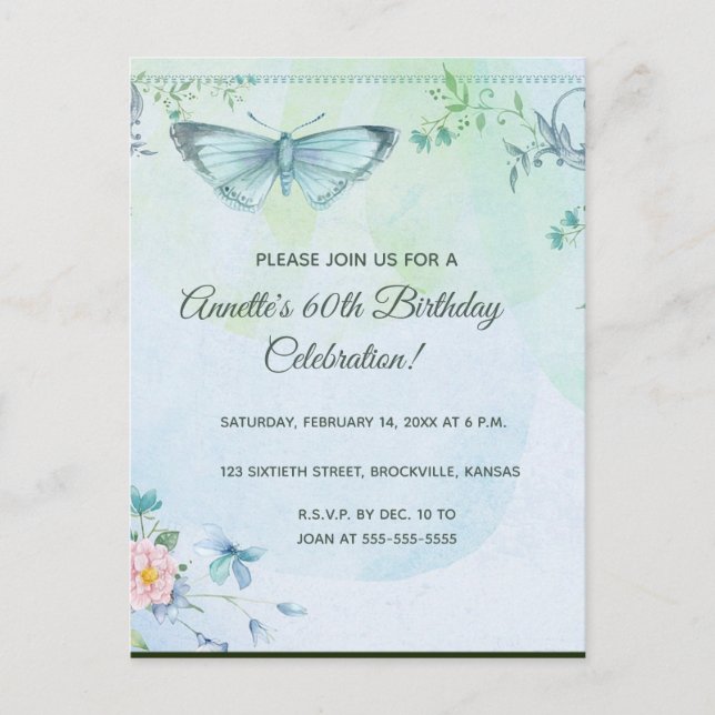 Editable Flowers and Butterfly Birthday Invitation Postcard (Front)