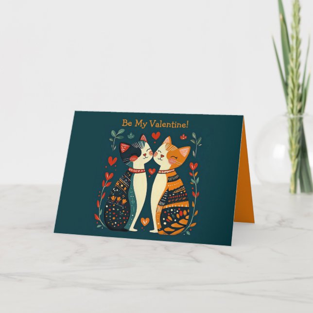 Editable Folk Art Cats Valentine Day Card (Front)