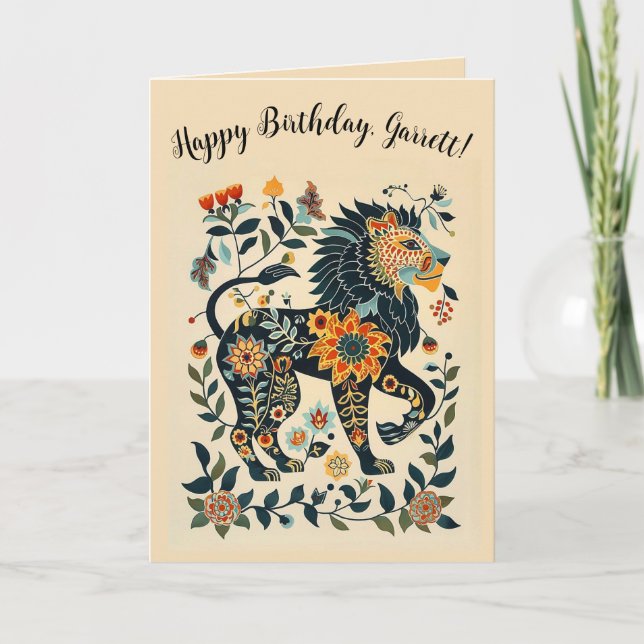 Editable Folk Art Lion  Card (Front)