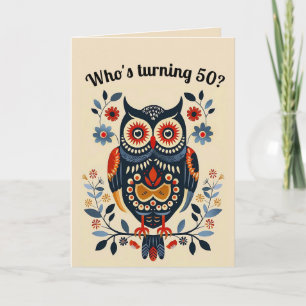 Editable Folk Art Owl and Flowers Card