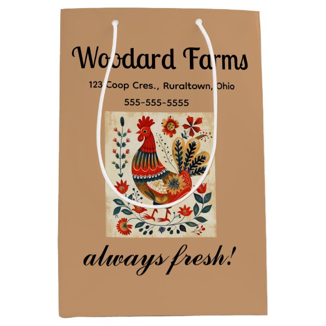 Editable Folk Art Rooster Medium Gift Bag (Front)