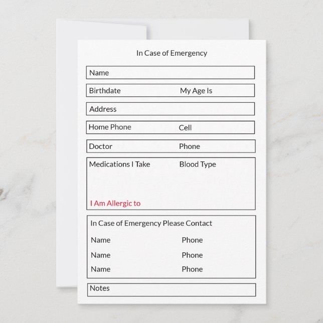 Editable form in case of emergency contact info  holiday card (Front)