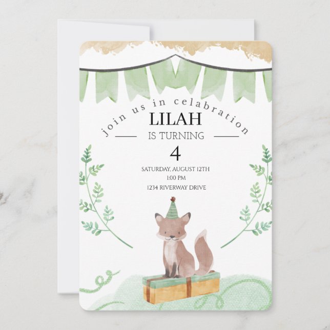 Editable Fox Birthday Invitation | Woodland Animal (Front)