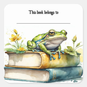 Editable Frog and Books Bookplate Sticker