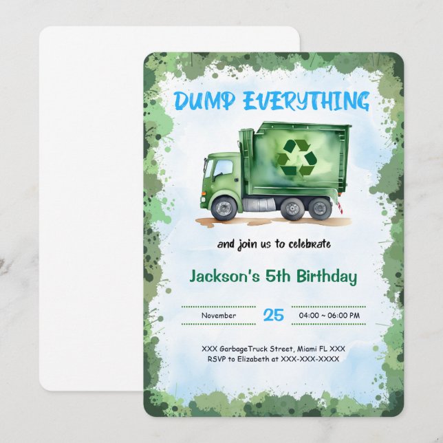 Editable Garbage Truck Birthday Party Invitation (Front/Back)