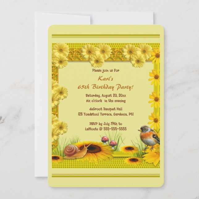 Editable Garden Sunflowers Daisies Toadstool Robin Invitation (Front)