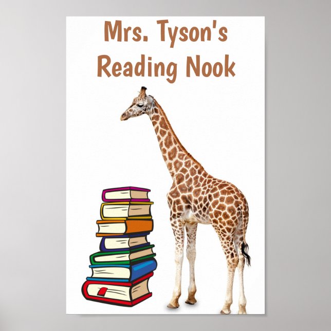 Editable Giraffe With Stack of Books Reading Nook Poster (Front)