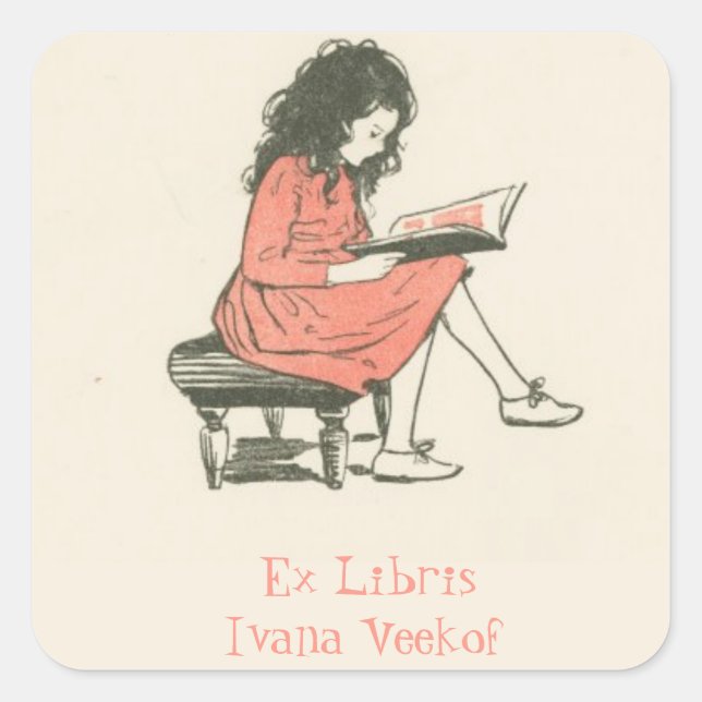 Editable Girl Reading a Book Bookplate Square Sticker (Front)