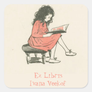 Editable Girl Reading a Book Bookplate Square Sticker