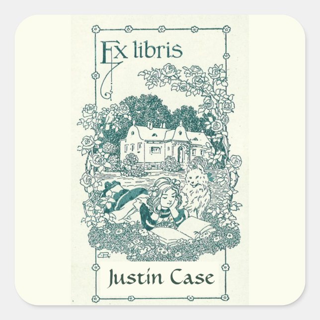 Editable Girl Reading in Front of House Bookplate Square Sticker (Front)