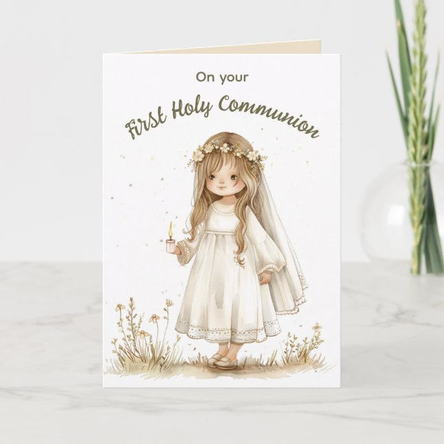 Editable Girl With Candle First Holy Communion Card (Front)