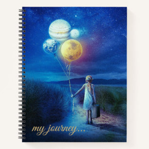 Editable Girl With Planet Balloons My Journey Notebook