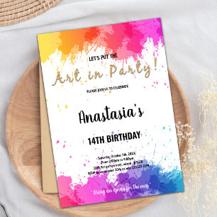Editable Girls Art Party Card with Brush Splash