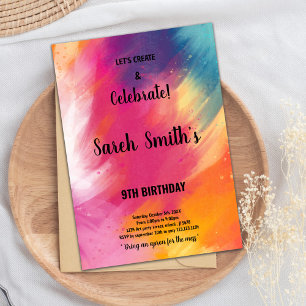 Editable Girls Art Party Card with Colour Splash