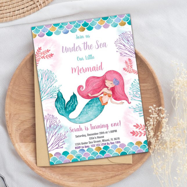 Editable Girls Ocean Theme Party Card with Starfis (Under the sea Mermaid Birthday Invitation)