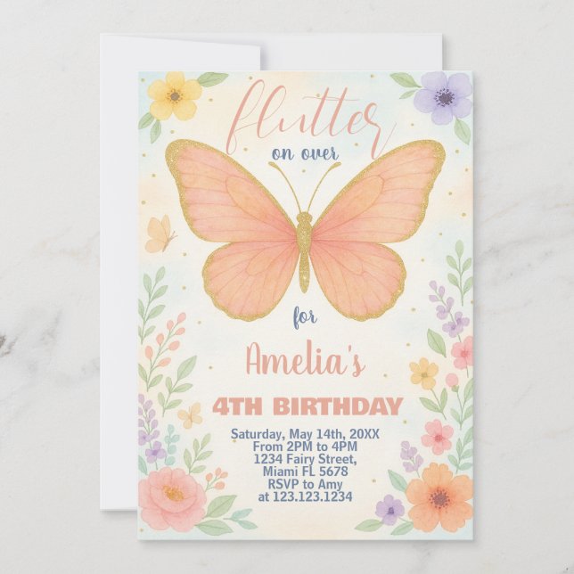 Editable Glitter Butterfly Birthday Invitation (Front)
