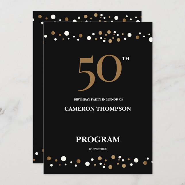 Editable Gold and Black confetti 50th birthday  Program (Front/Back)