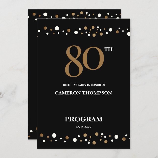 Editable Gold and Black confetti 80th birthday Program (Front/Back)