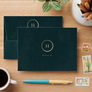Editable Gold & Emerald Monogram Wreath Wedding Envelope