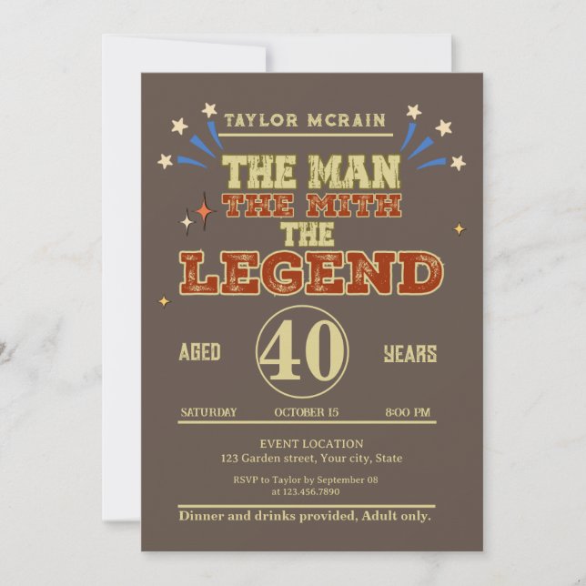 Editable Gold "Man, Myth, Legend" Birthday Invitat Invitation (Front)