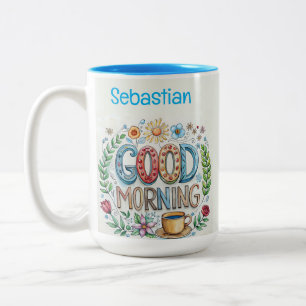 Editable Good Morning Name and Flowers Two-Tone Coffee Mug