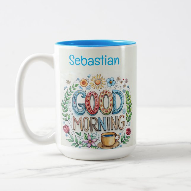 Editable Good Morning Name and Flowers Two-Tone Coffee Mug (Left)