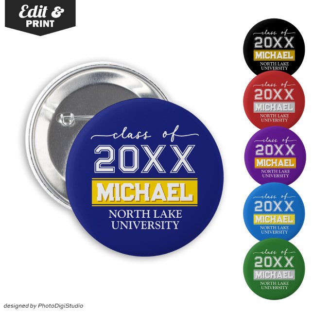 Editable Graduation Button with Name & School (Editable Graduation Button with Name & School, Custom Graduation Button, Blue Gold Graduate Pin )