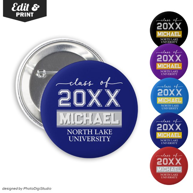 Editable Graduation Button with Name & School (Editable Graduation Button with Name & School, Custom Graduation Button, Blue Silver Graduate Pin )