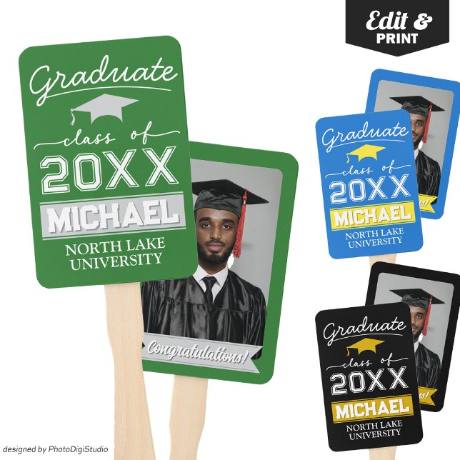 Editable Graduation Garden Flag Name & School Name Hand Fan (Editable Graduation Hand Fan with Name & School, Custom Green White Hand Fan for Graduation Ceremony)