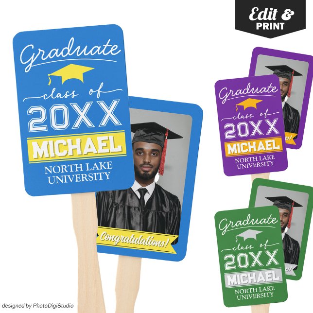 Editable Graduation Garden Flag Name & School Name Hand Fan (Editable Graduation Hand Fan with Name & School, Custom Blue Yellow Hand Fan for Graduation Ceremony)