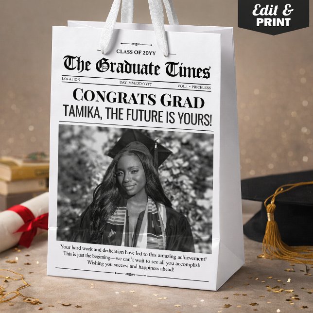 Editable Graduation Gift Graduation Newspaper Medium Gift Bag (Custom Graduation Gift Graduation Newspaper Medium Gift Bag)