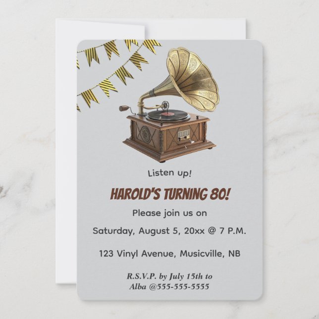 Editable Gramophone and Bunting Invitation (Front)
