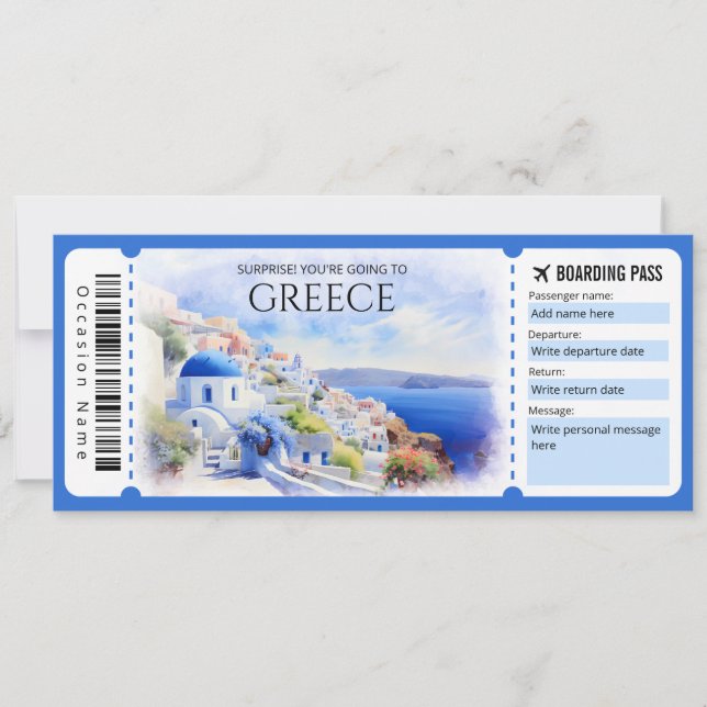 Editable Greece Boarding Pass Plane ticket Invitation (Front)