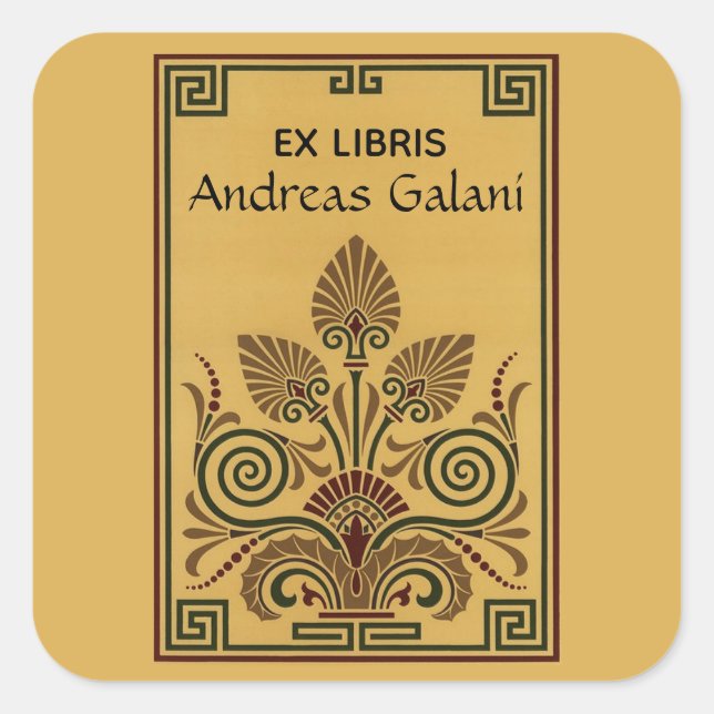 Editable Greek Leaf Pattern Bookplate Square Sticker (Front)