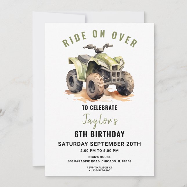 Editable Green ATV Bike Birthday Invitation (Front)