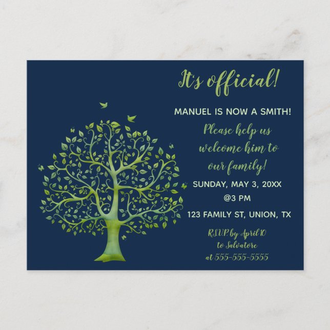 Editable Green Family Tree Adoption Invitation Postcard (Front)
