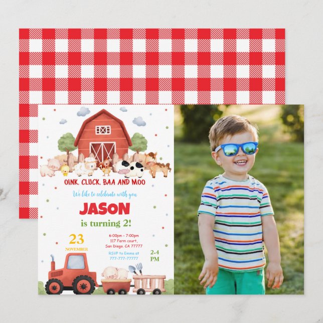 Editable Green Farm Birthday Party Photo Invitation (Front/Back)